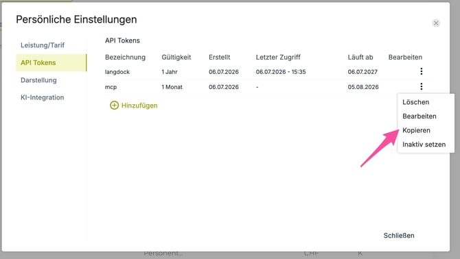 api token kopieren