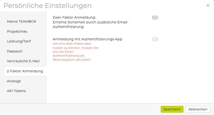 persönliche Einstellung 2 Faktor Anmeldung